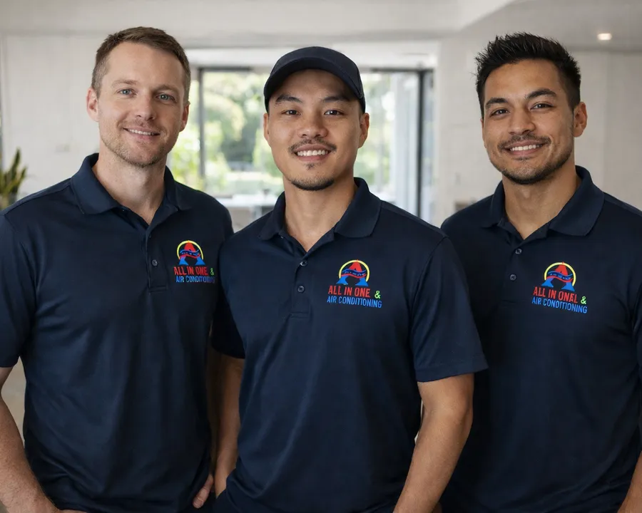 Three members of the All In One team in company uniforms